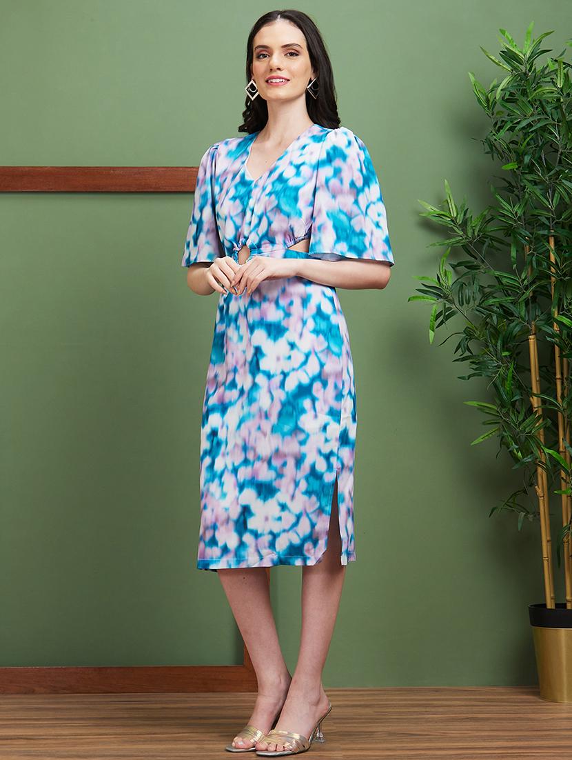 globus women multi blue printed v-neck slim fit bodycon party dress - 20885414 - Standard Image - 1