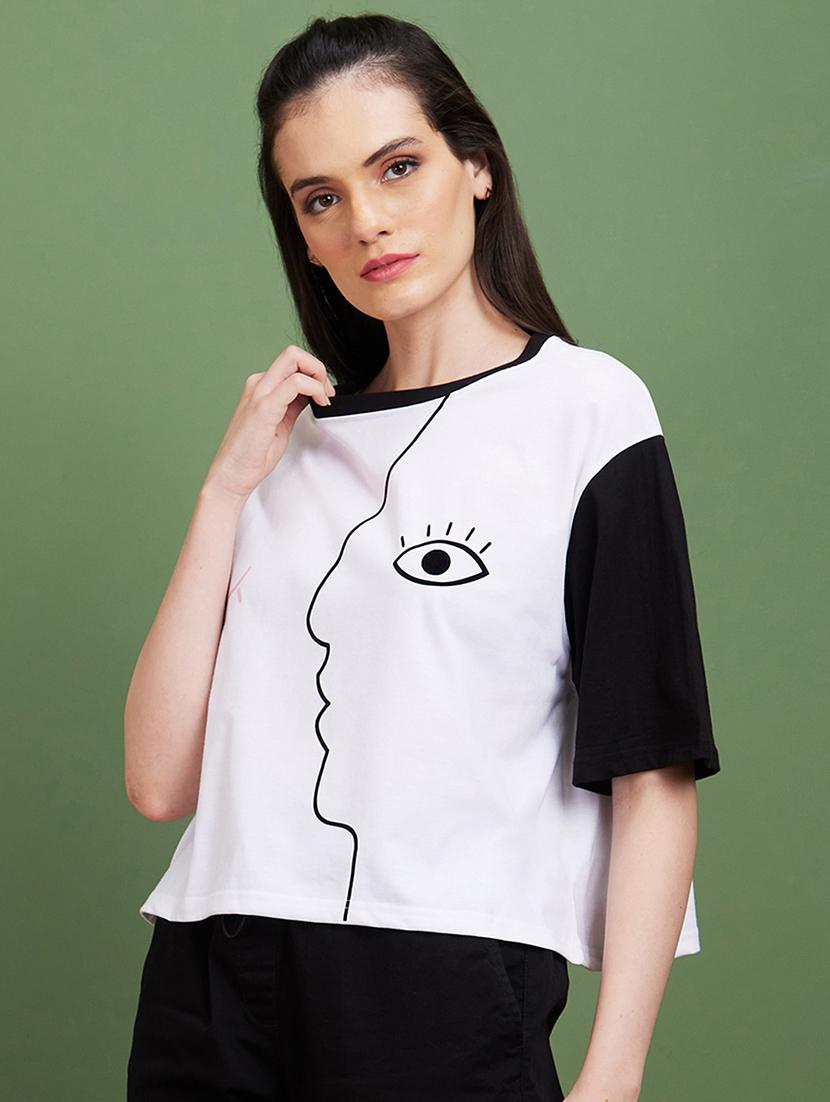 globus women white graphic print drop shoulder boxy fit t-shirt - 20885420 -  Zoom Image - 0