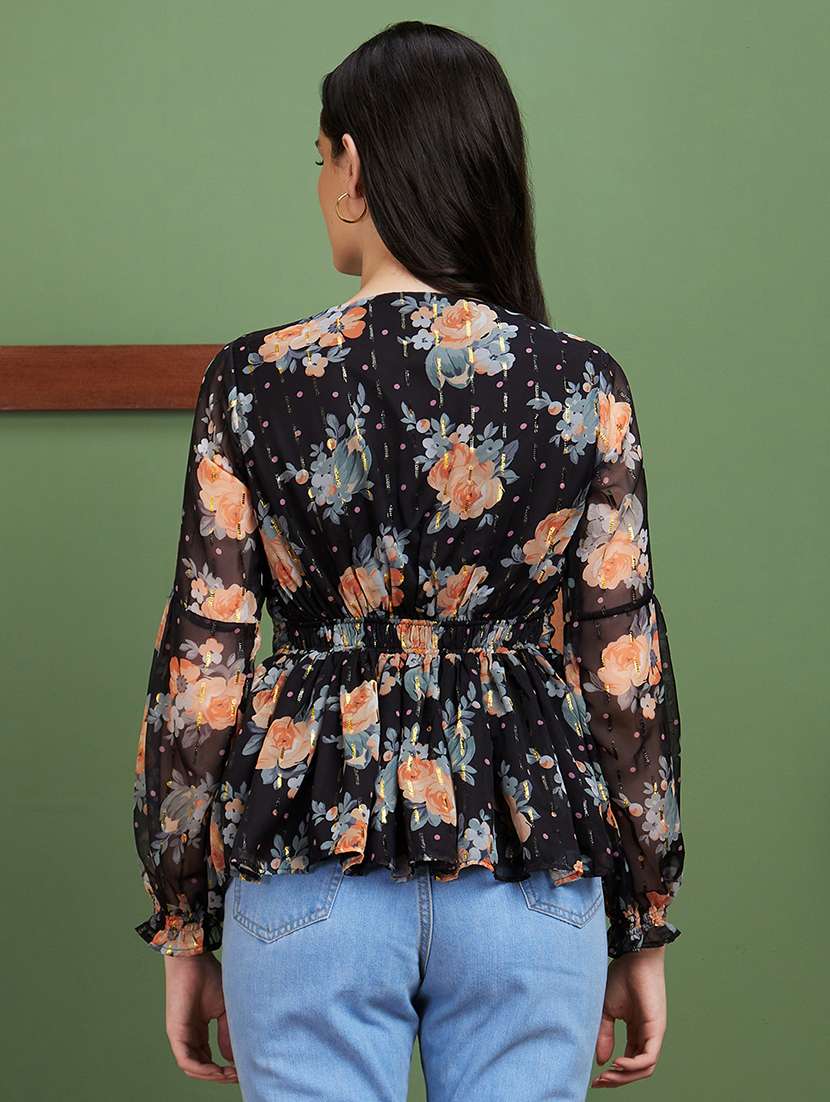 globus women black floral print polyester v-neck casual peplum top - 20885422 -  Standard Image - 1