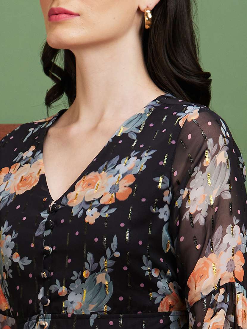 globus women black floral print polyester v-neck casual peplum top - 20885422 -  Standard Image - 4