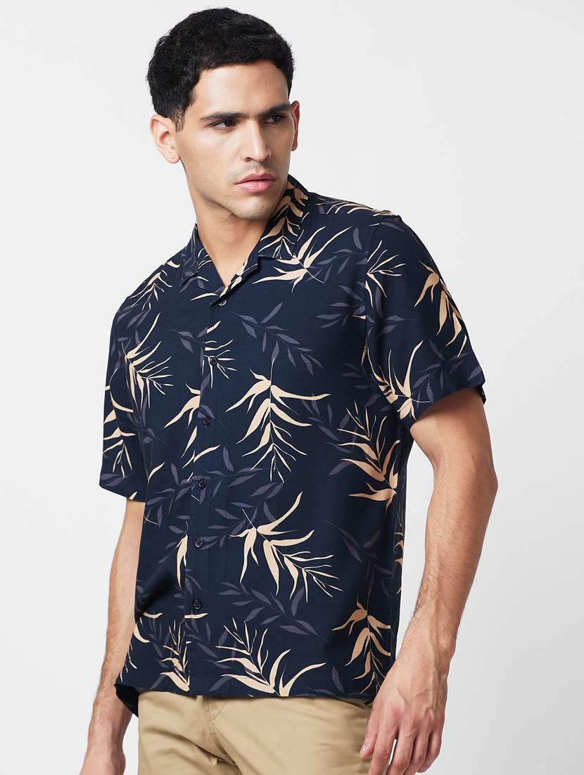globus men black cuban collar tropical print smart causal shirt - 20885438 -  Standard Image - 1