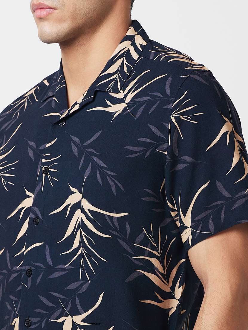 globus men black cuban collar tropical print smart causal shirt - 20885438 -  Standard Image - 4