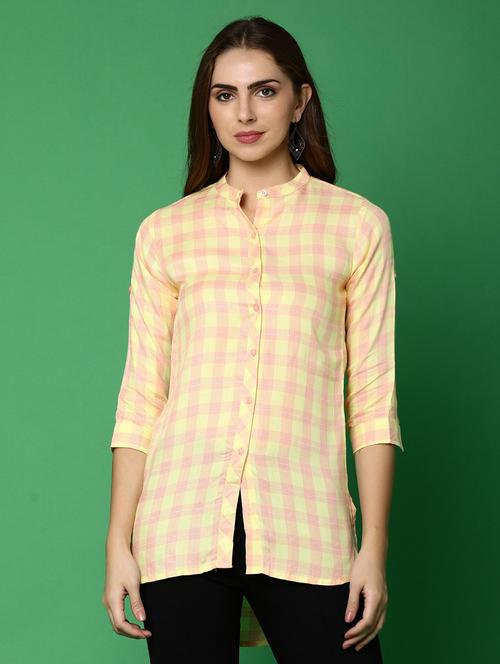 women mandarin neck checks high-low top - 20890709 -  Standard Image - 0