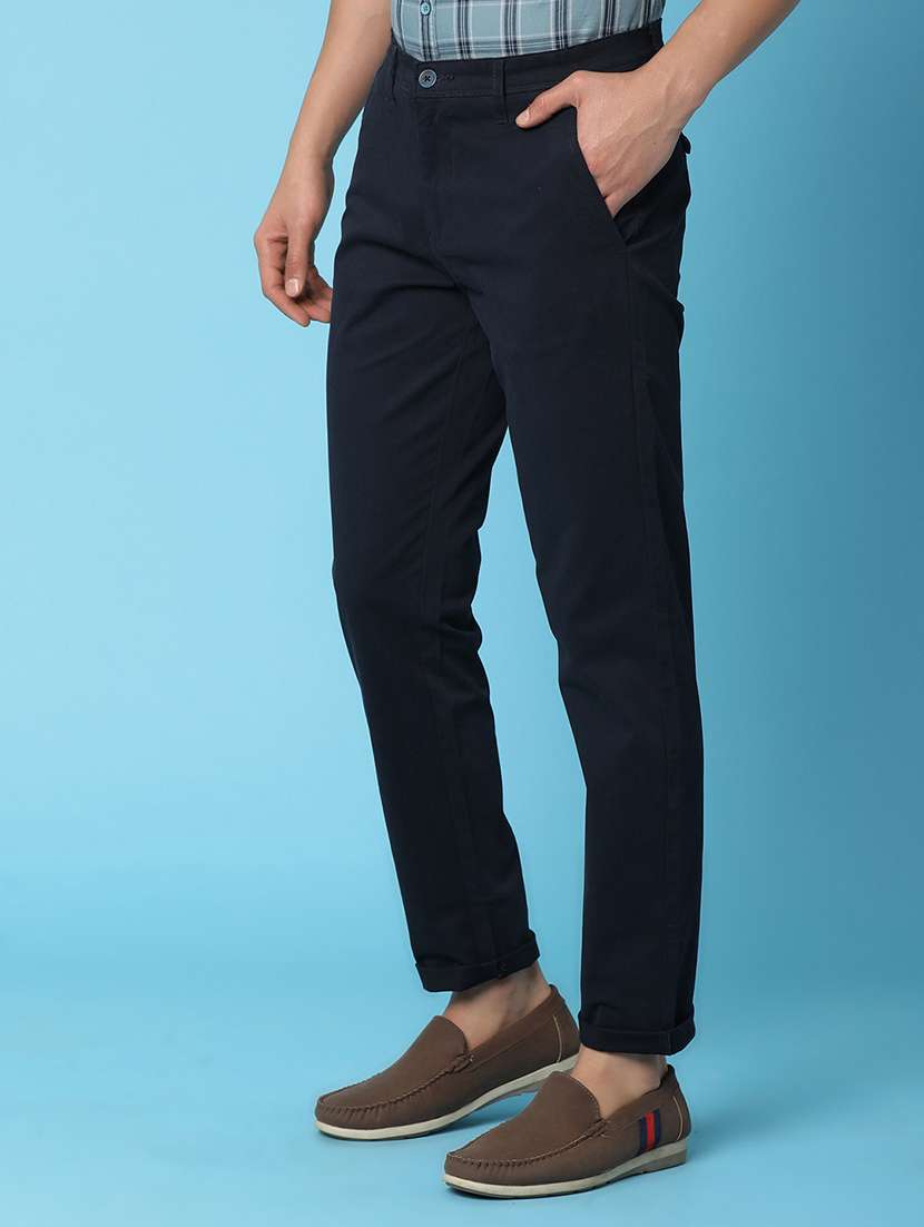 men solid navy blue chinos trouser - 20892587 -  Standard Image - 1