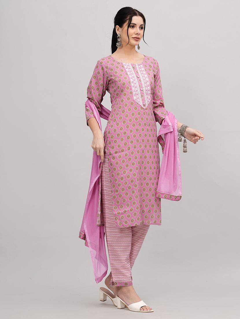 women pink round neck kurta pant set with dupatta - 20893277 -  Standard Image - 1