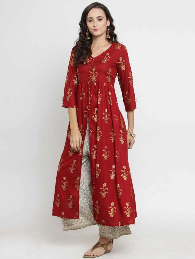 women maroon v neck kurta palazzo set