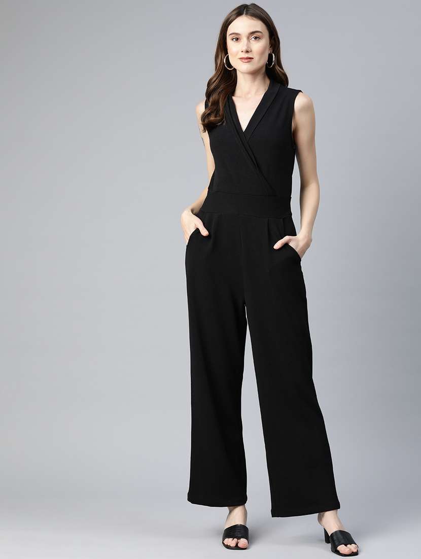 women black solid full leg jumpsuit