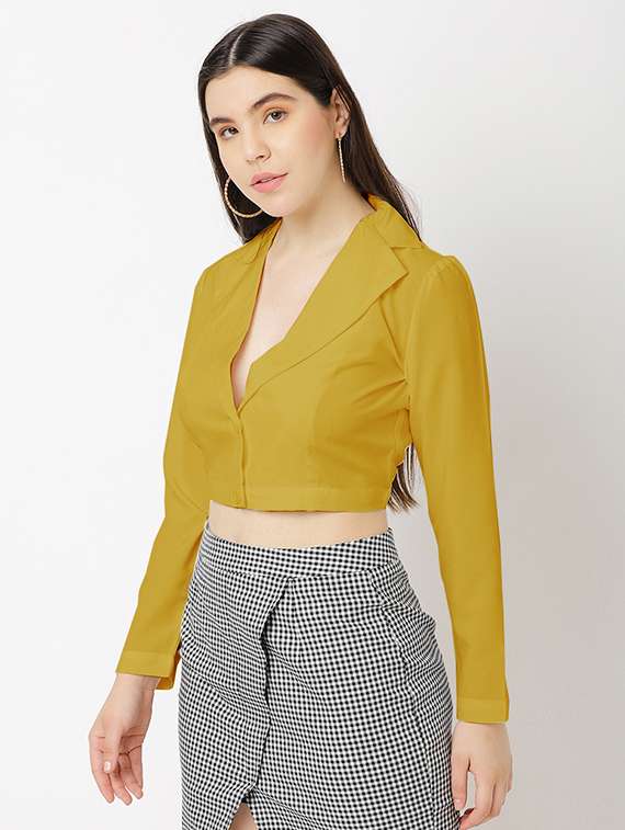 women solid lapel neck crop top - 20893710 -  Standard Image - 1