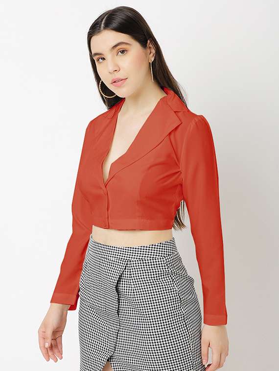 women solid lapel neck crop top - 20893712 -  Standard Image - 1