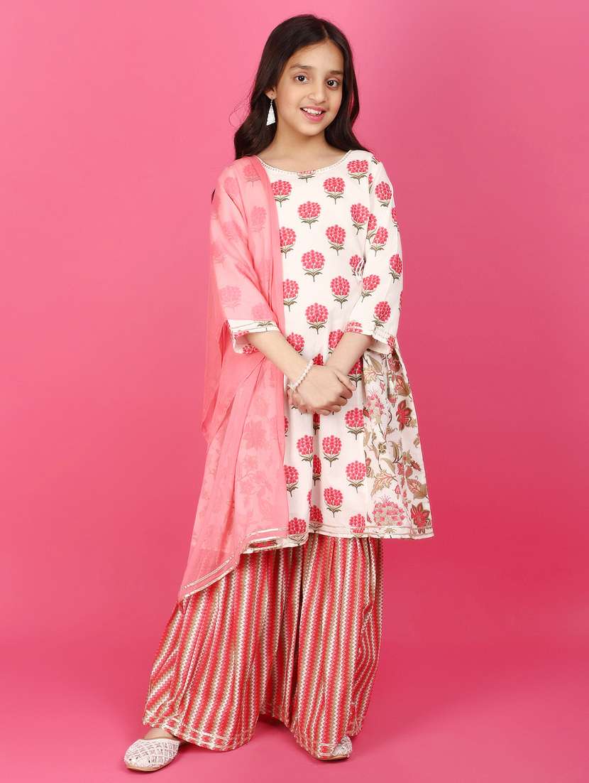 girls white printed kurta palazzo suit set