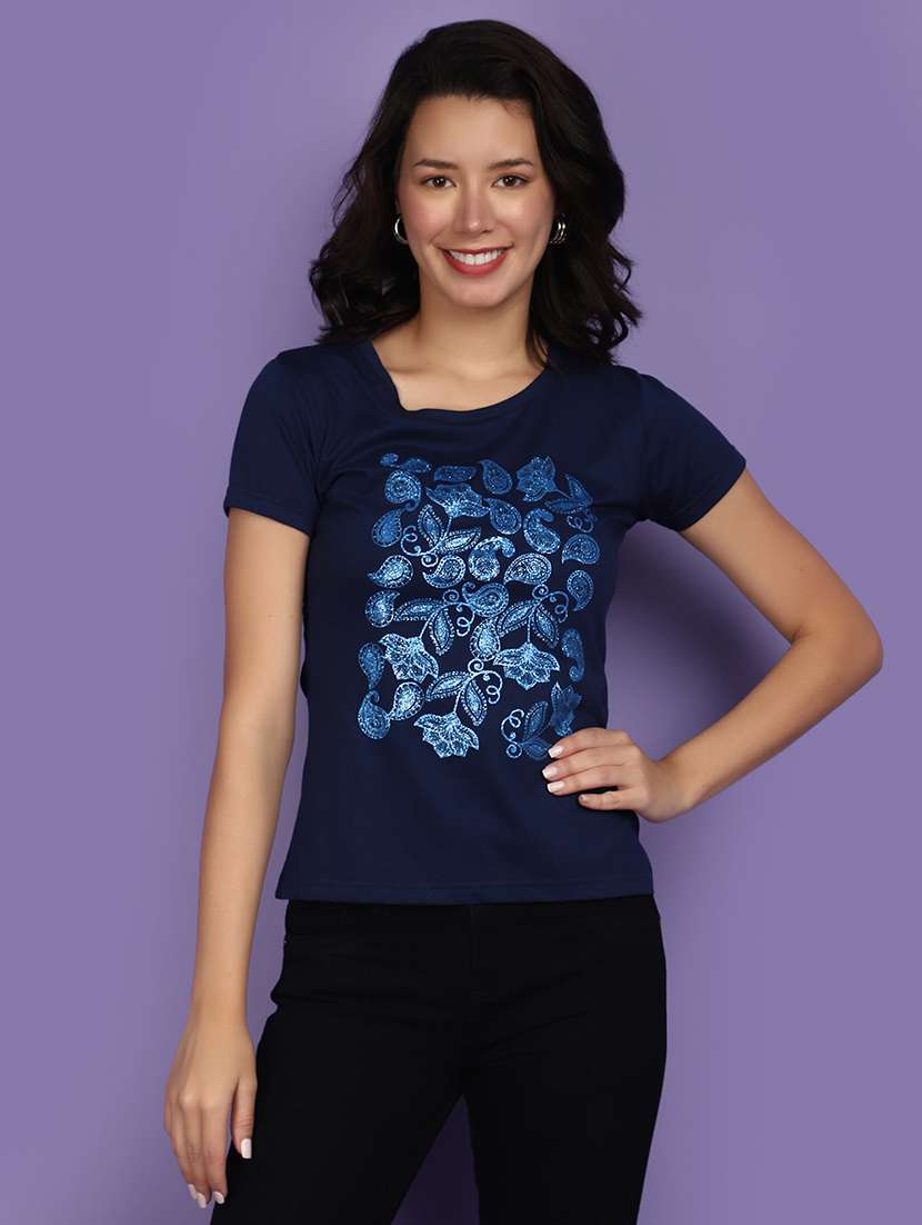 navy blue cotton front print t-shirt
