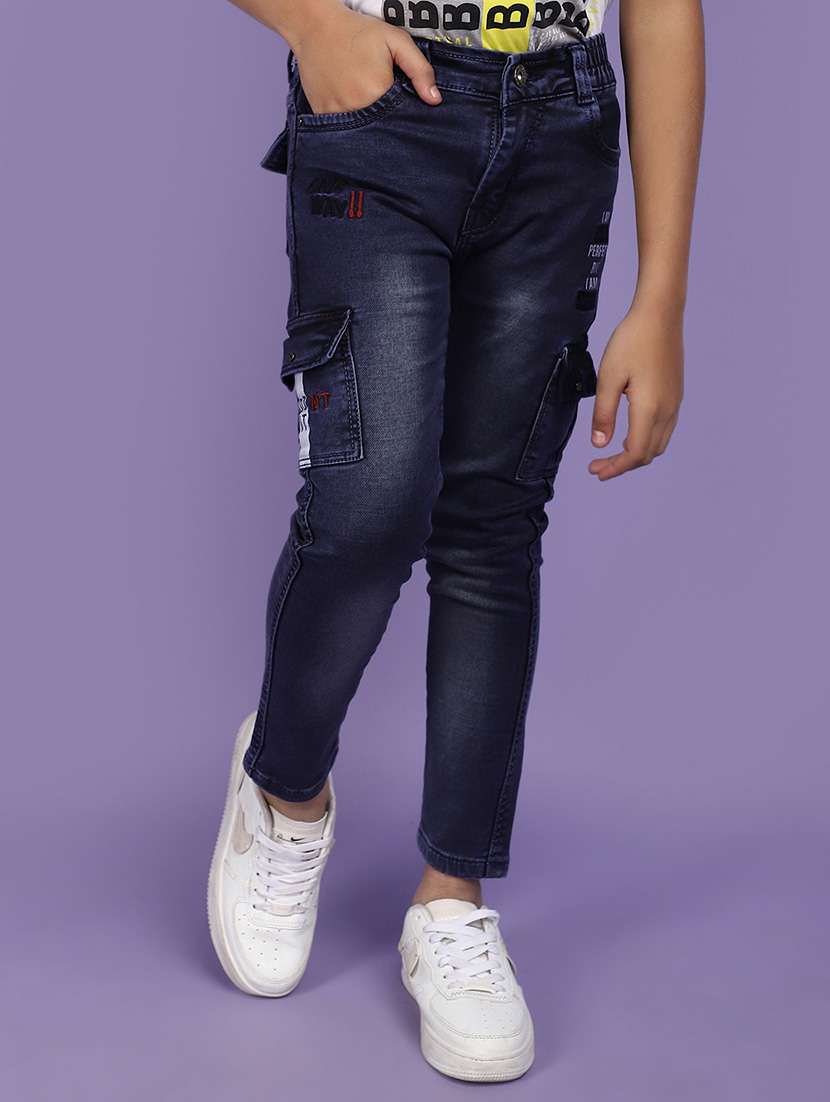 blue washed detailed cargo denim jeans