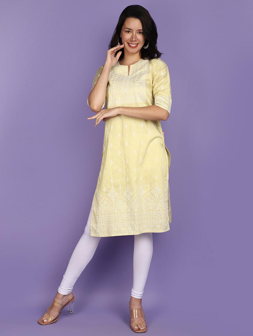 women yellow notch neck straight kurta - 20893968 -  Zoom Image - 0