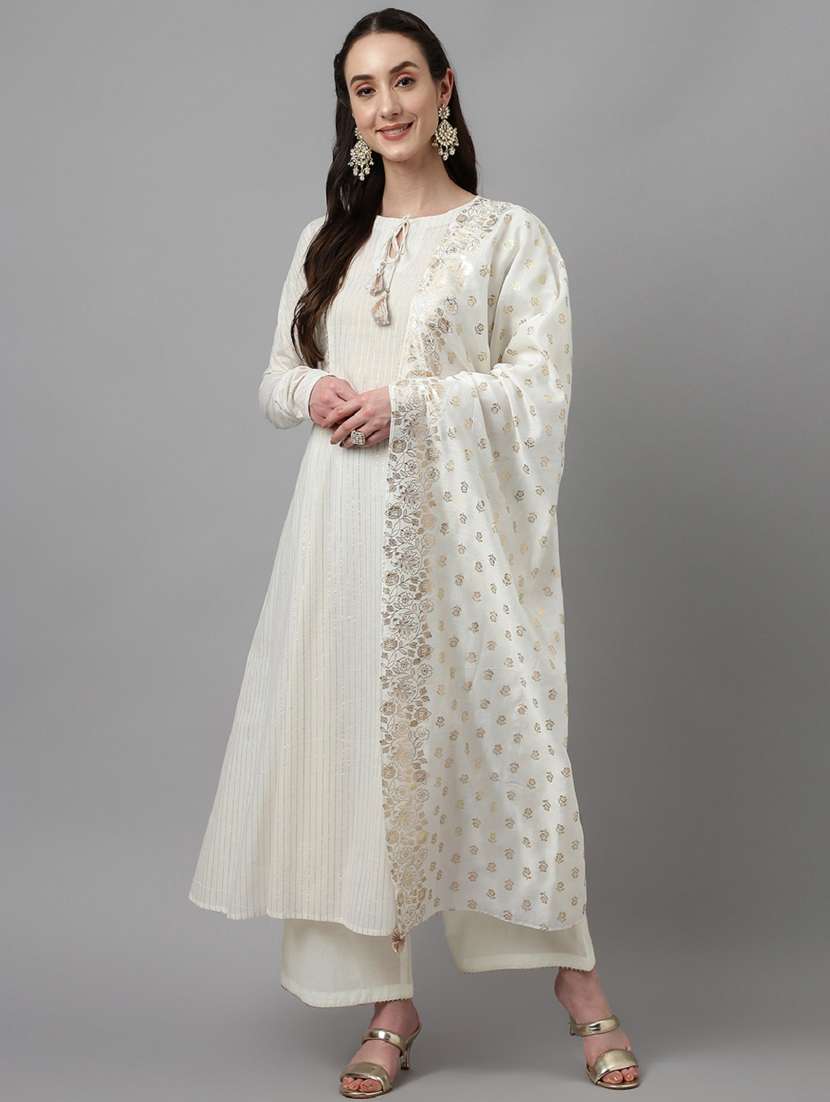 women white long sleeve kurta palazzo with dupatta set