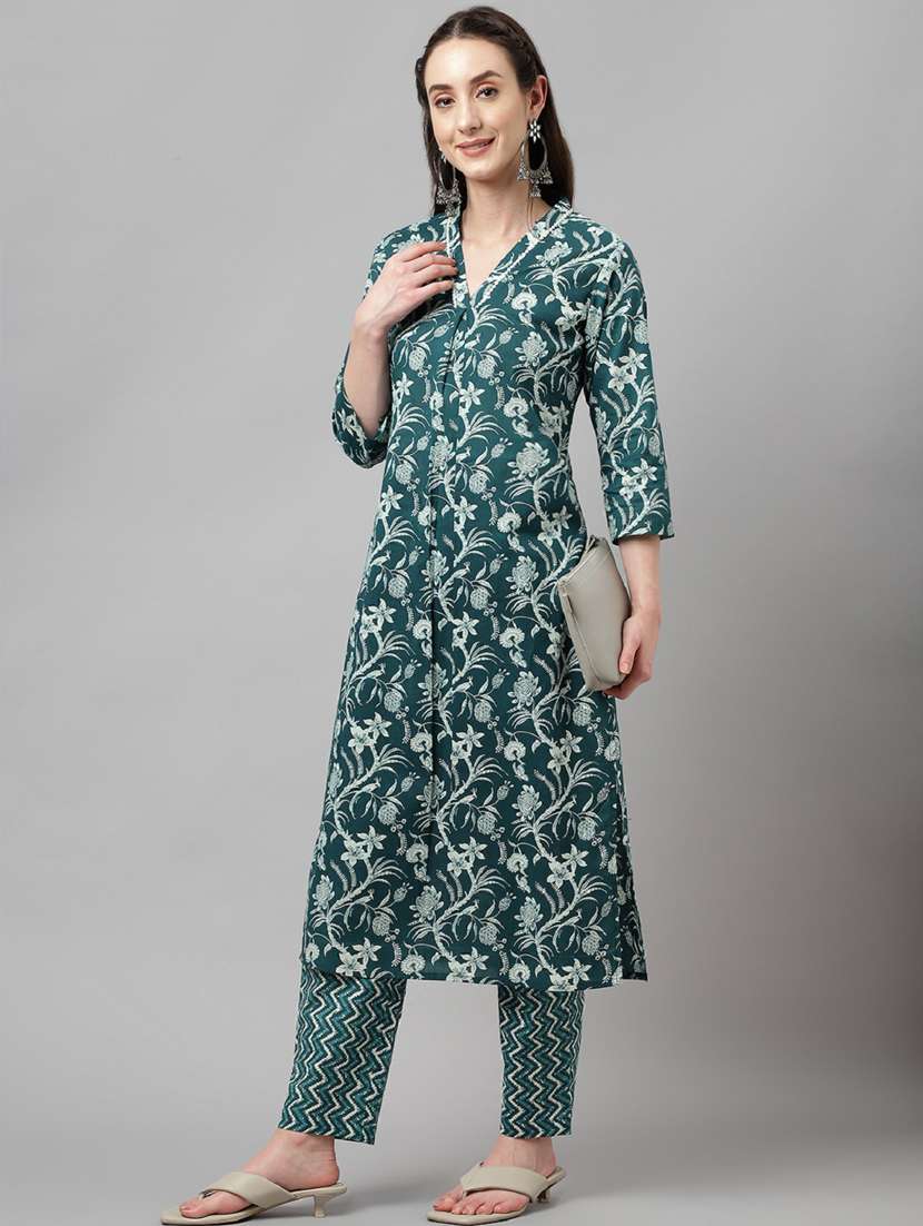 teal three quarter sleeve kurta pant set