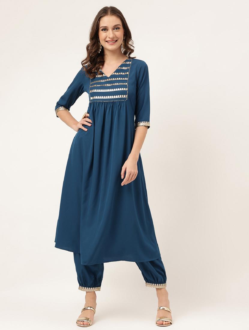 women blue v neck kurta salwar set 