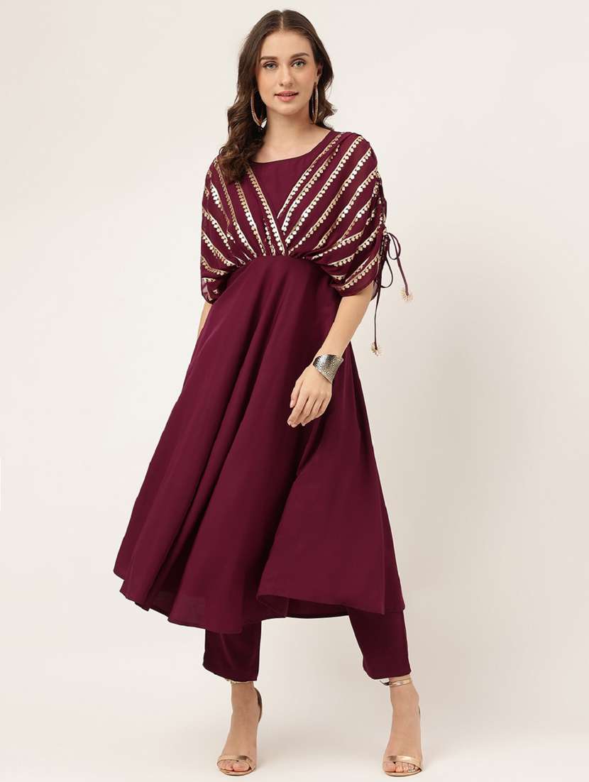 women burgundy round neck kurta pant set