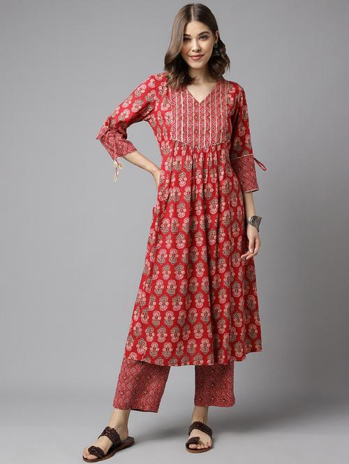 women red v neck kurta palazzo set  - 20895375 -  Standard Image - 0