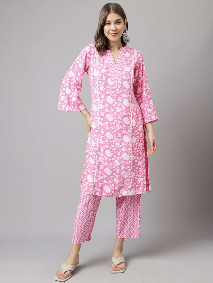 women pink floral printed kurta palazzo set