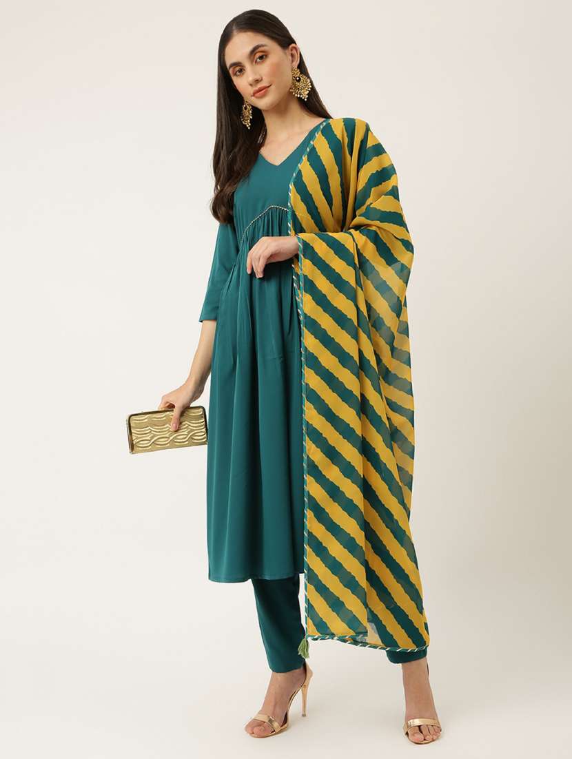 women teal v neck kurta pant set with dupatta