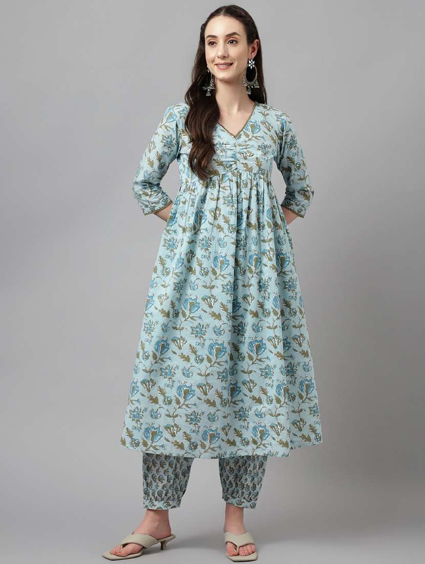 women blue floral printed kurta salwar set