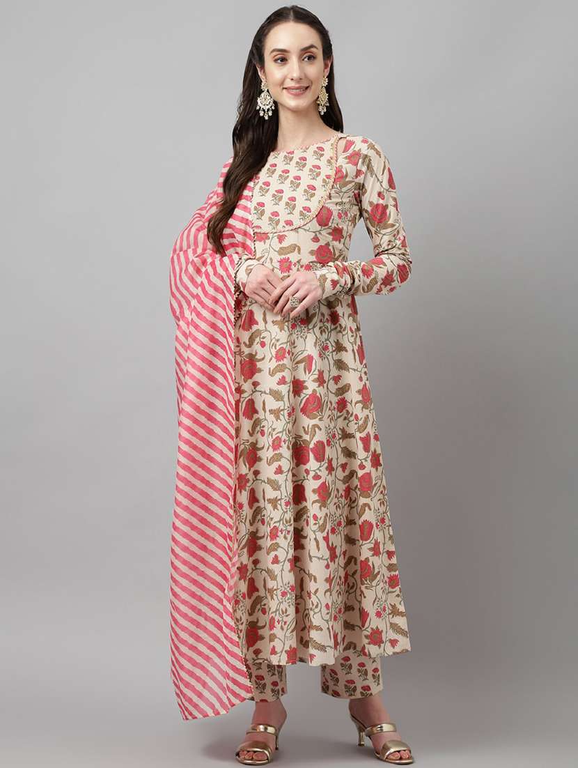 women long sleeve anarkali kurta pant with dupatta set