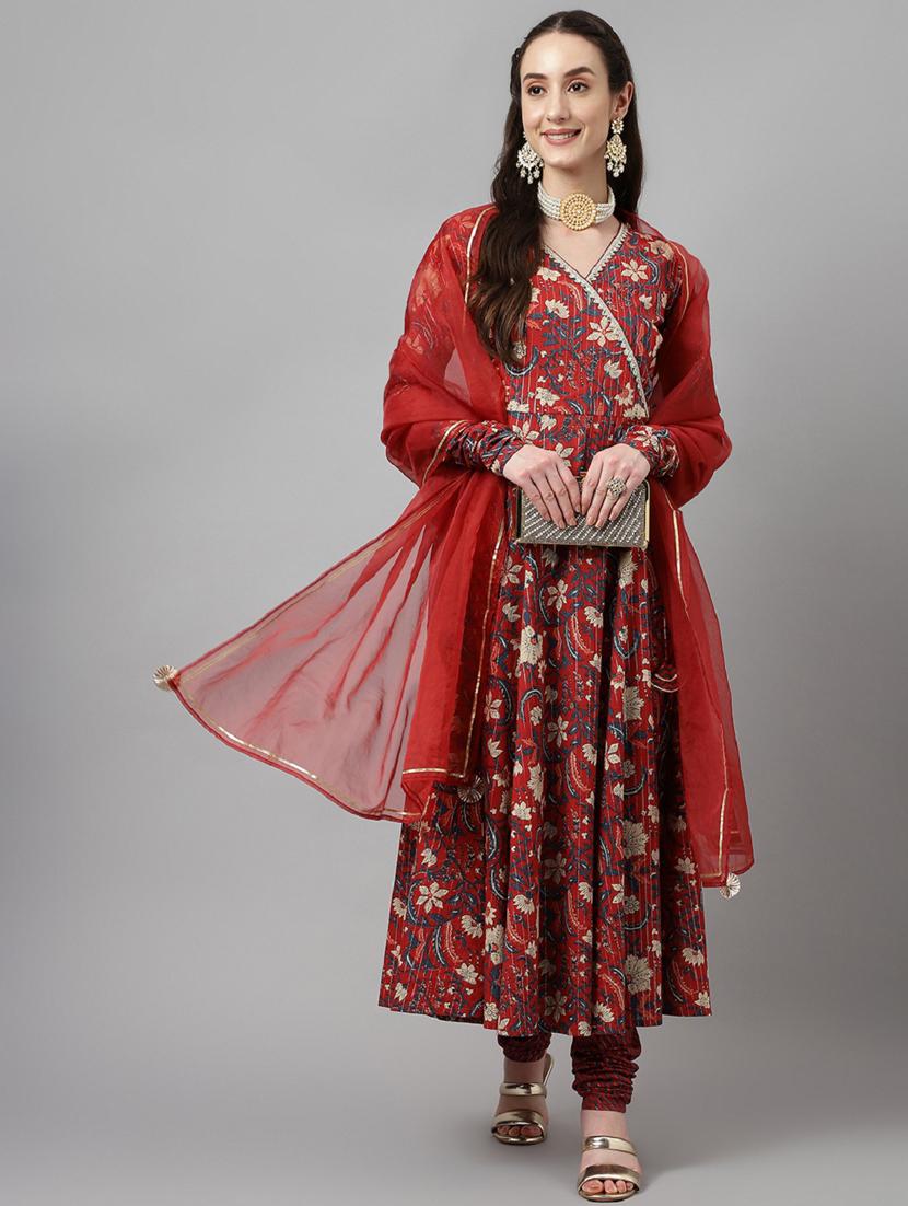 women red floral printed anarkali kurta churidaar set with dupatta