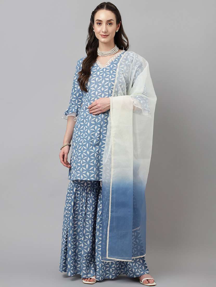 women blue v neck kurta sharara set with dupatta
