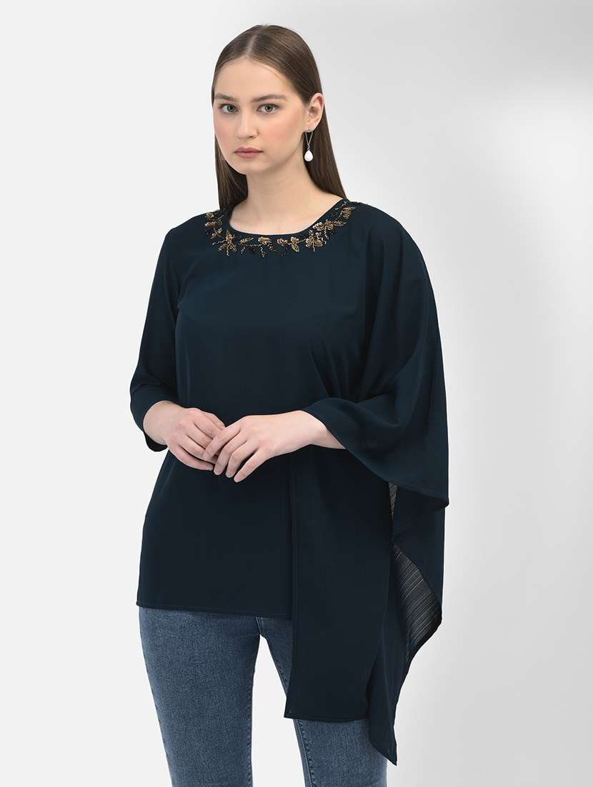 neck embroidered solid color regular top