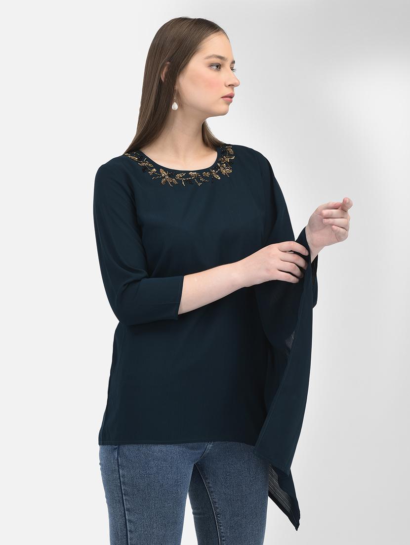 neck embroidered solid color regular top - 20895416 -  Standard Image - 1