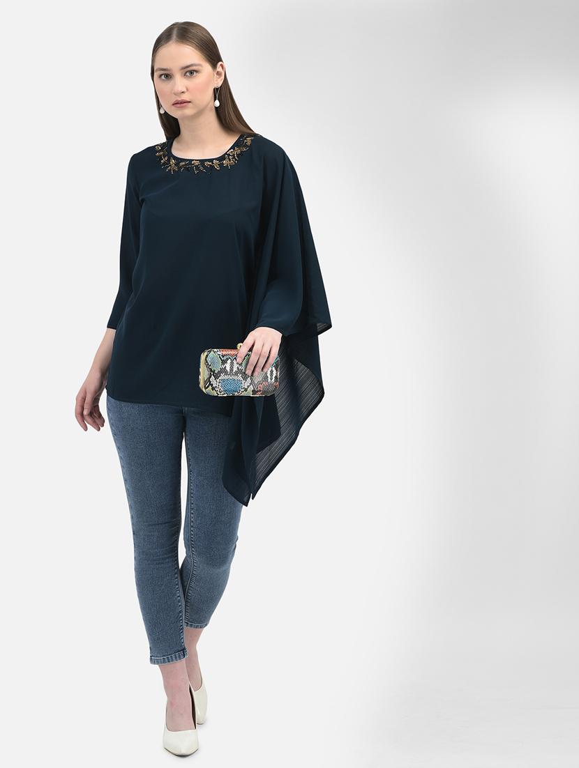 neck embroidered solid color regular top - 20895416 - Standard Image - 4