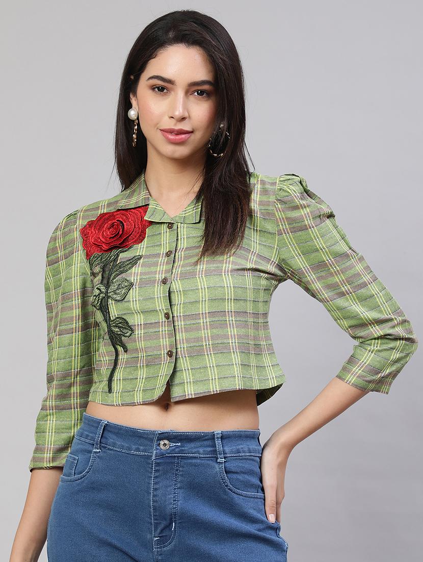 women green checks embroidered crop shirt - 20895863 - Zoom Image - 0