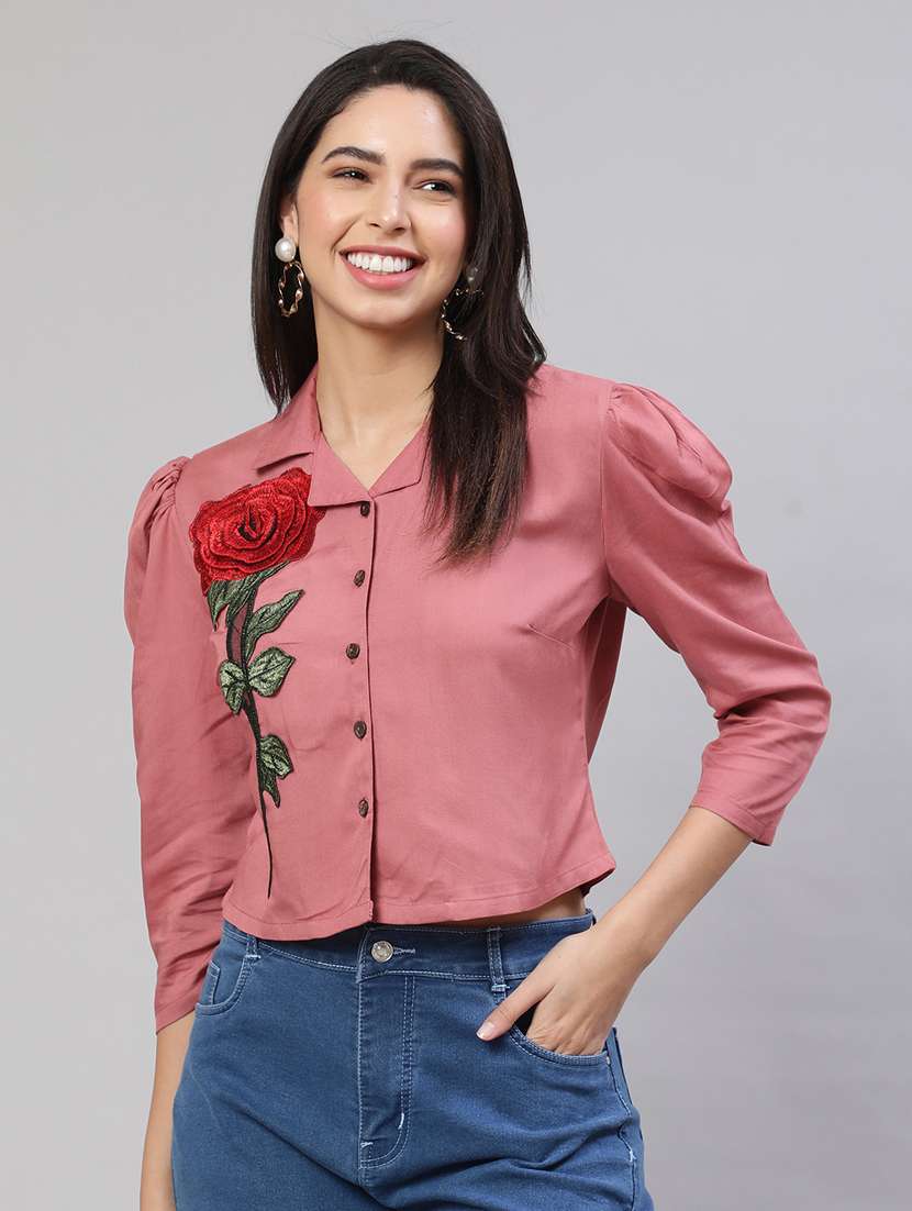 pink embroidered rayon shirt top