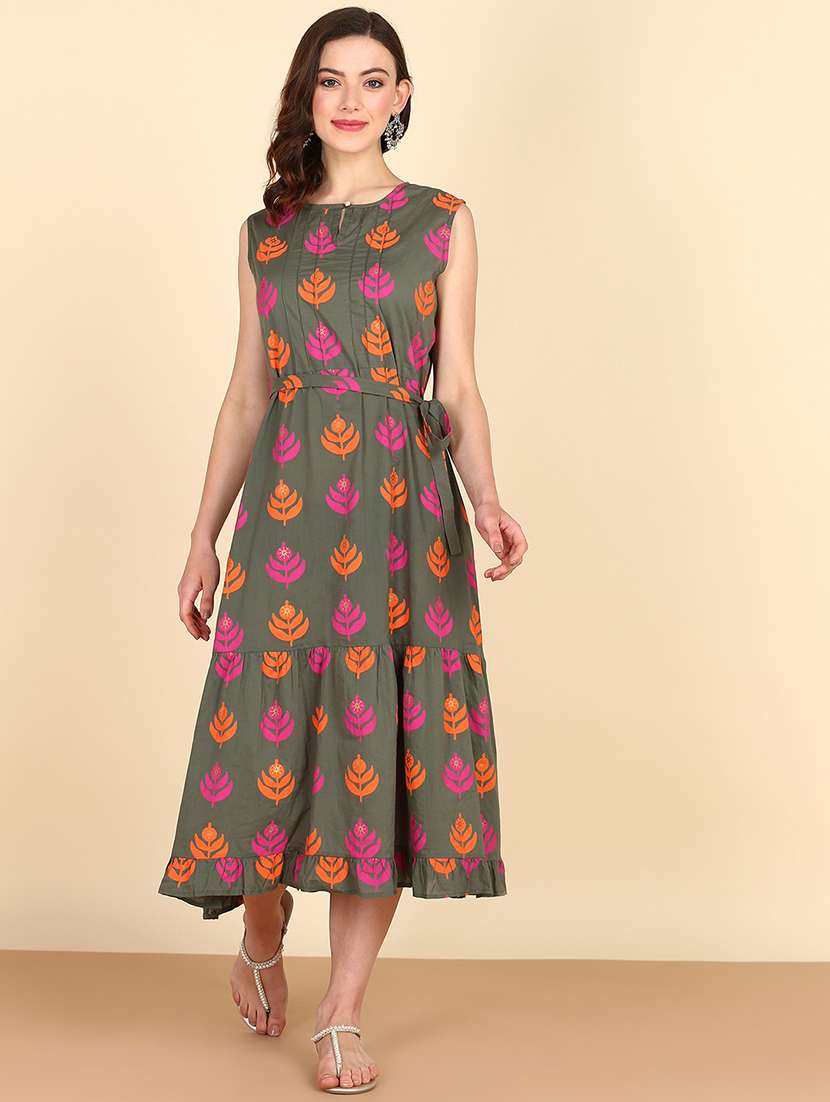 women green printed fit & flare dress