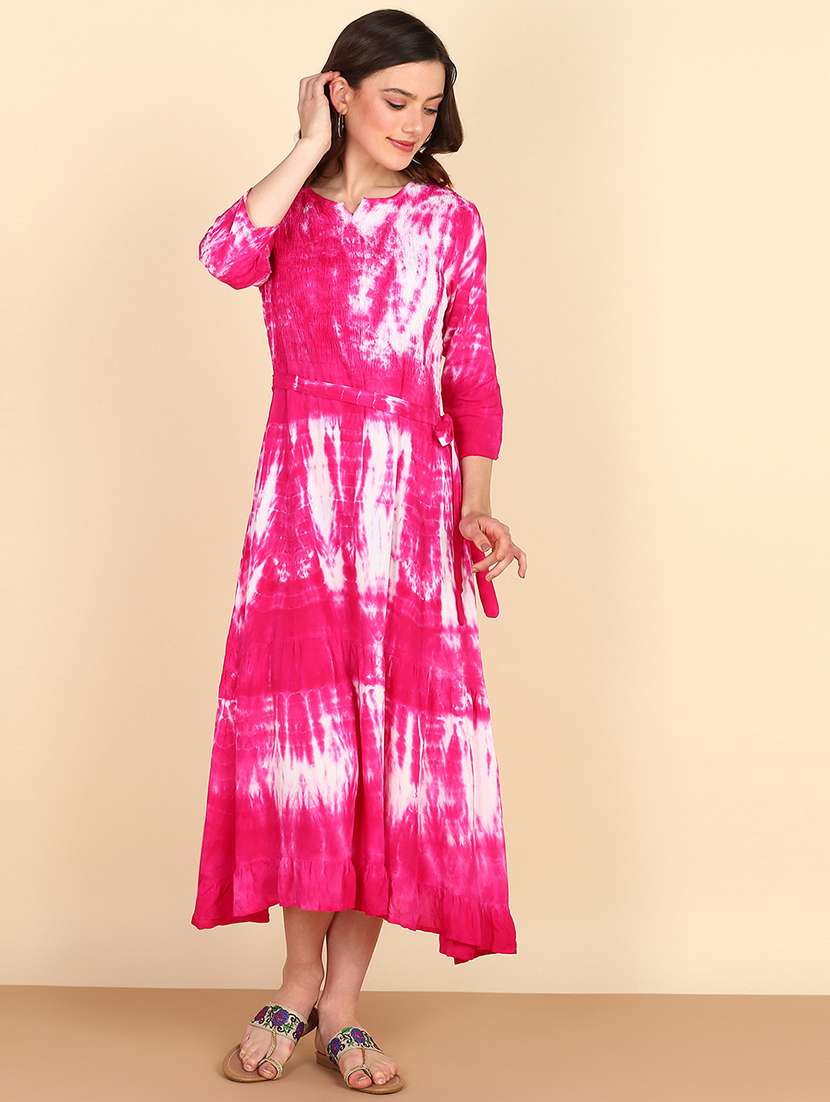 women pink tie & dye fit & flare dress