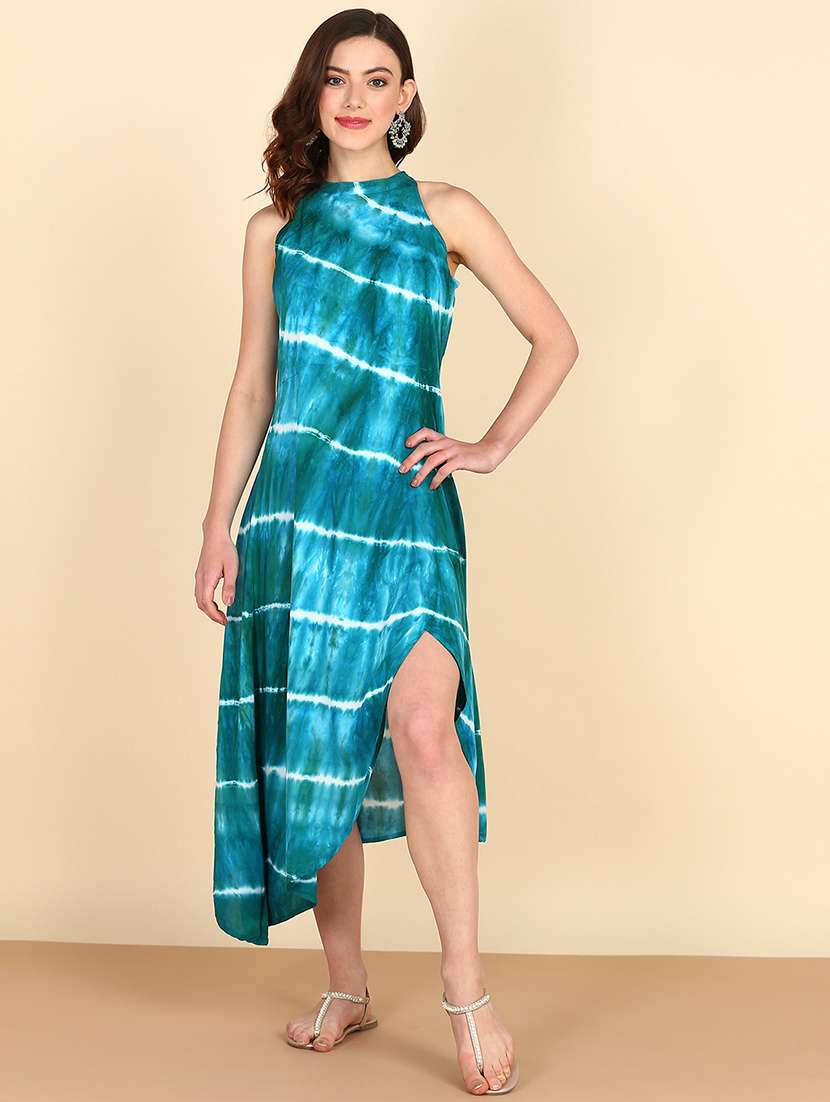 women turquoise tie & dye high slit dress