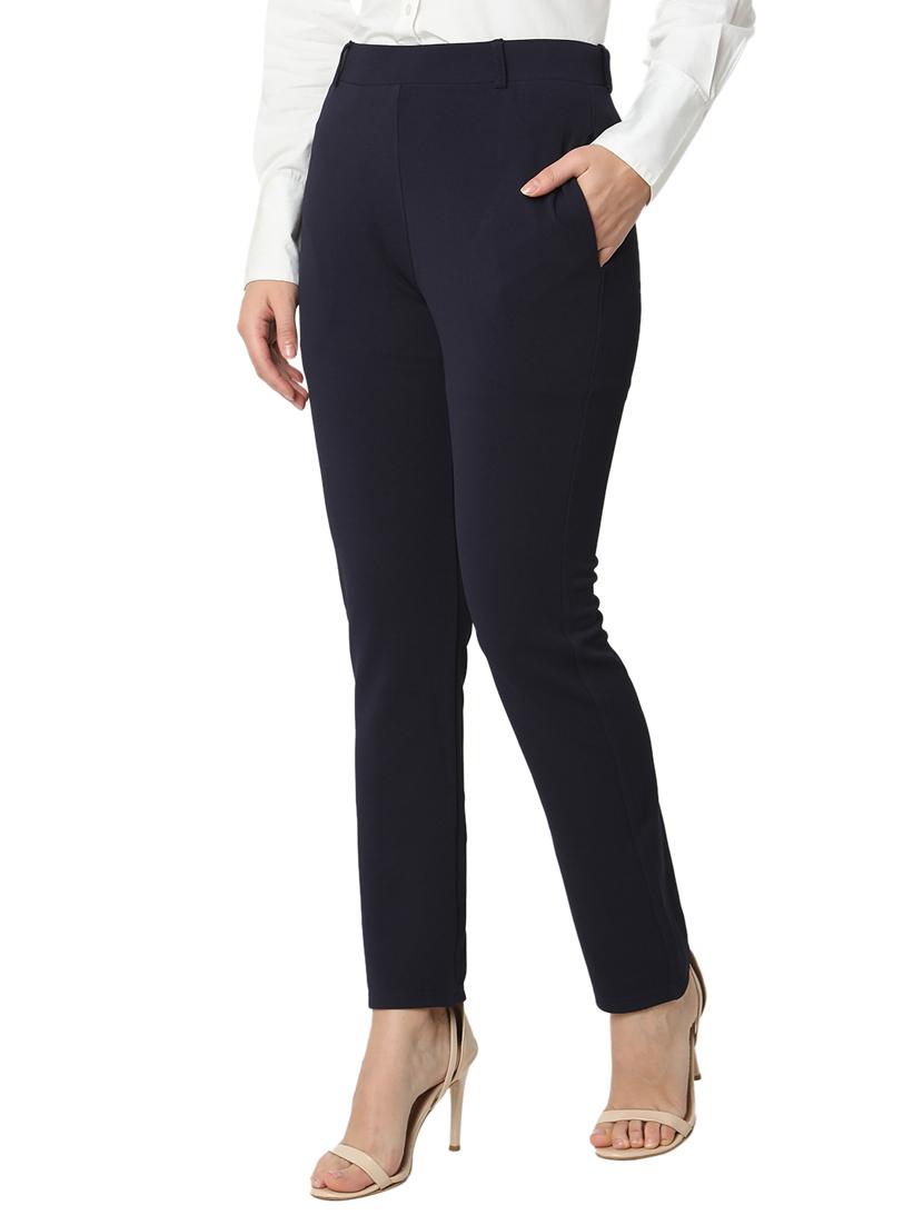 women solid cotton lycra flat front trouser - 20895989 - Standard Image - 1