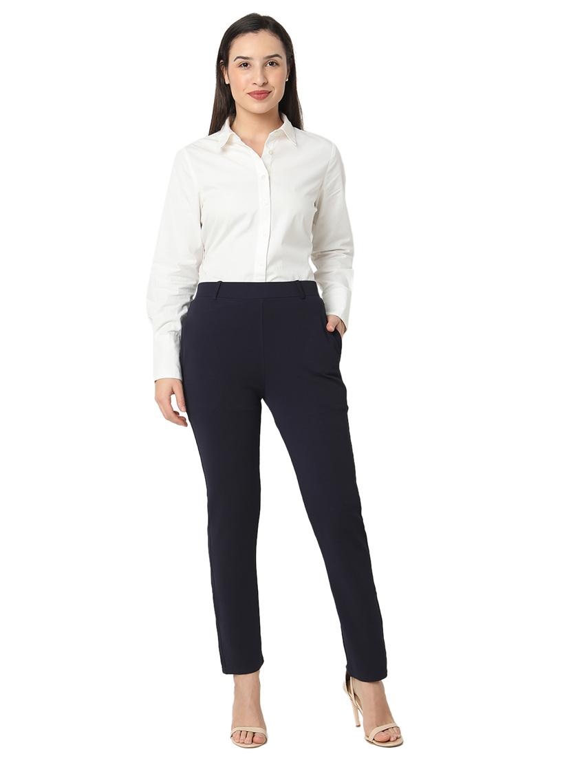 women solid cotton lycra flat front trouser - 20895989 - Standard Image - 4