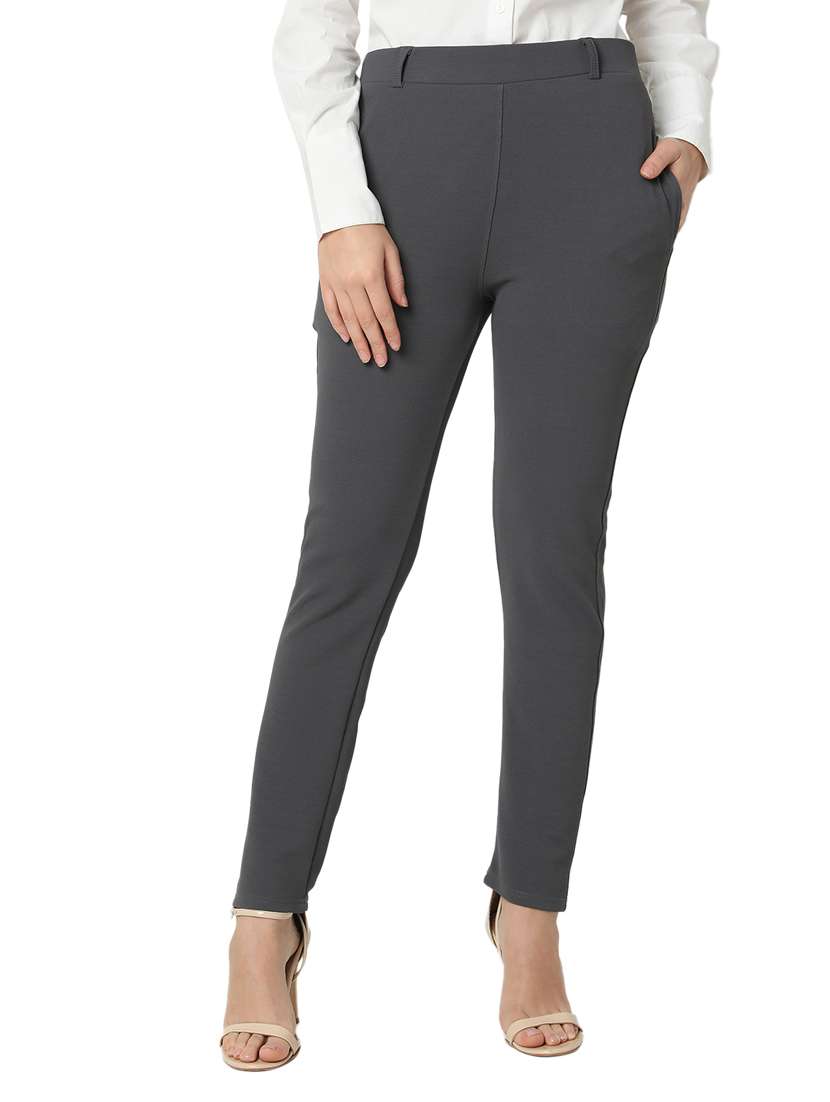 women solid cotton lycra flat front trouser