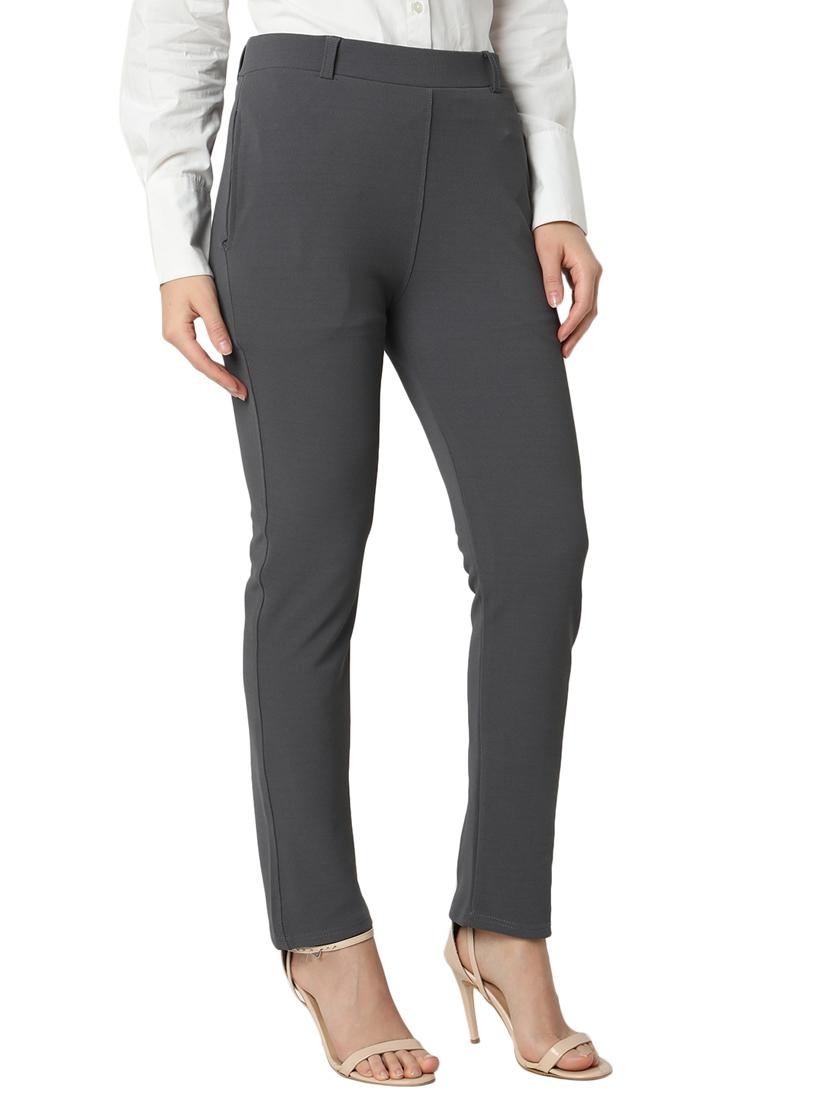 women solid cotton lycra flat front trouser - 20895990 -  Standard Image - 1