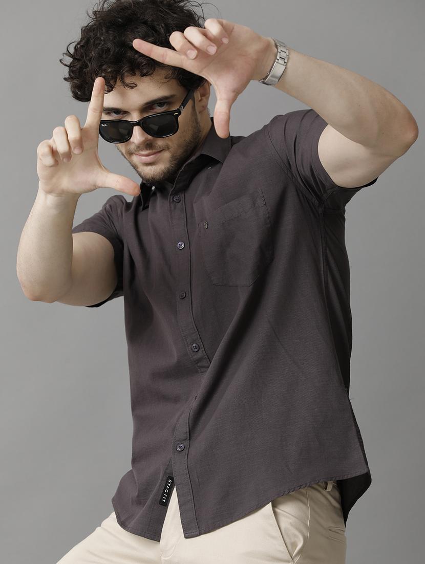 dark grey linen blend casual shirt - 20900754 -  Standard Image - 1