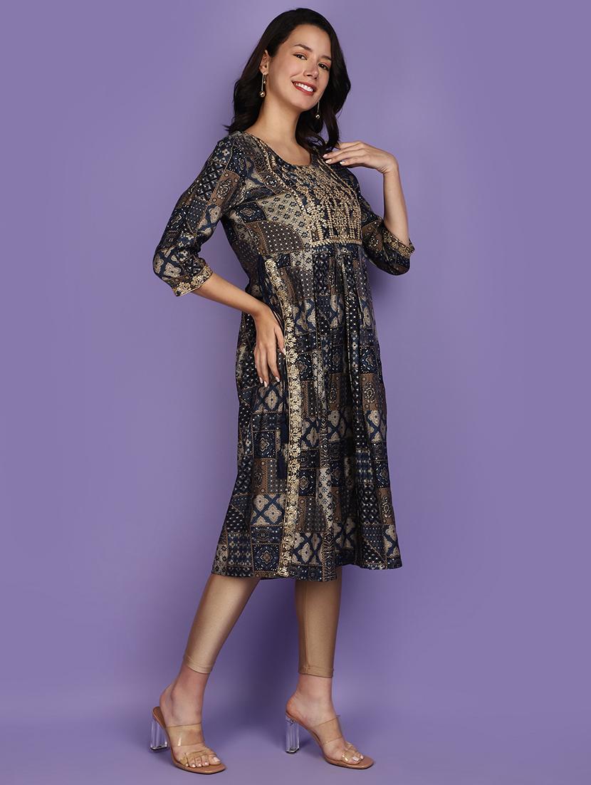 women blue round neck flared kurta - 20901262 -  Standard Image - 1