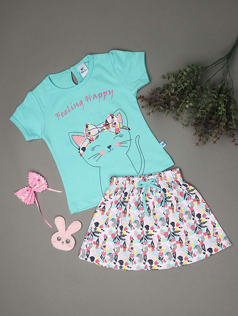 girls printed skirt top set