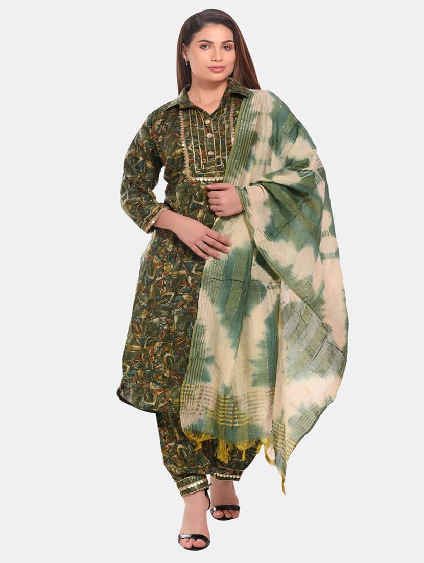 women green shirt collar kurta salwar set with dupatta
