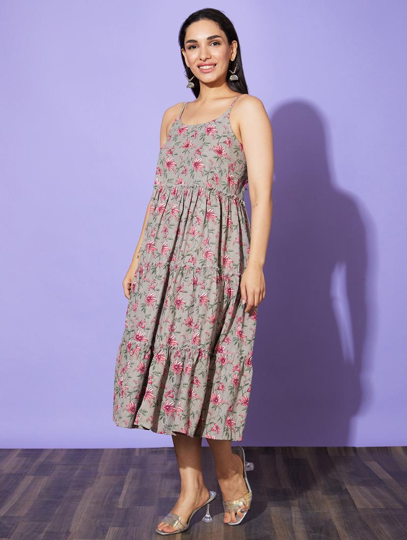 taupe floral printed tiered ethnic dress - 20901425 - Standard Image - 1