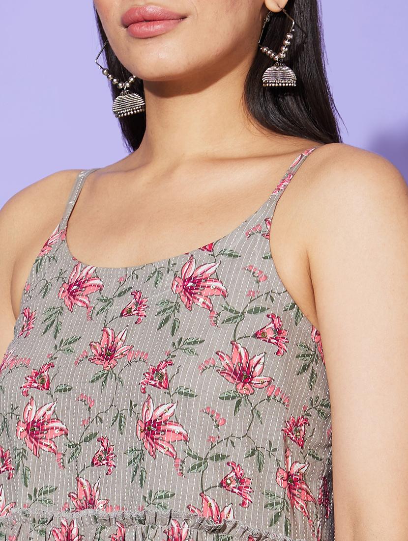 taupe floral printed tiered ethnic dress - 20901425 - Standard Image - 4