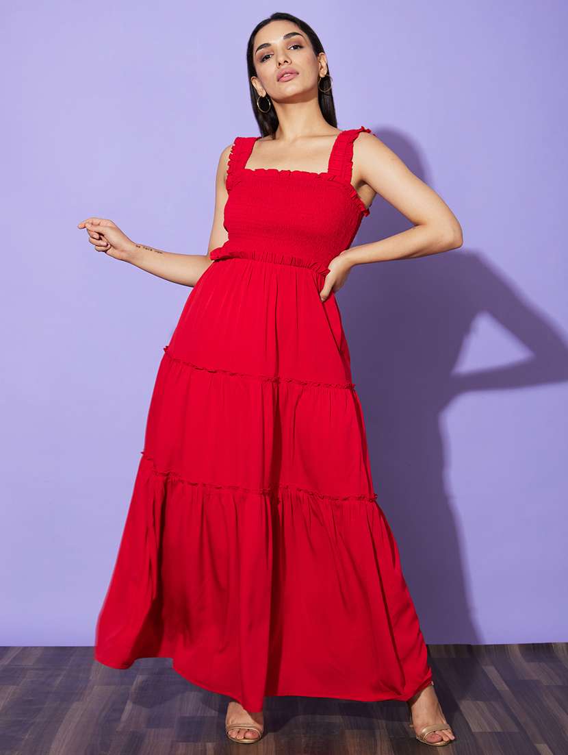 globus women red square neck strappy shoulder smocked tiered fit & flared maxi dress
