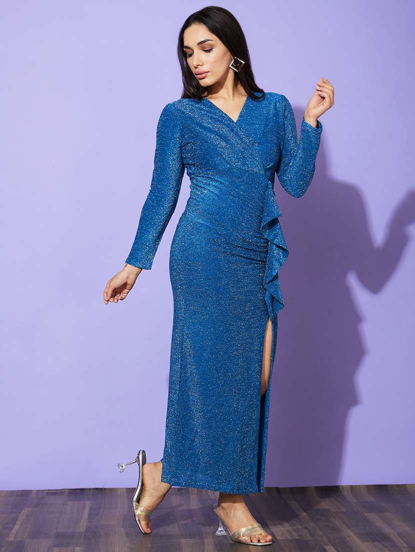 globus women blue solid v-neck bodycon party dress