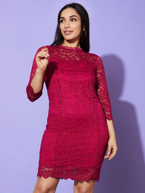 globus women wine mock neck floral lace panelled bodycon party dress - 20901495 - Standard Image - 0