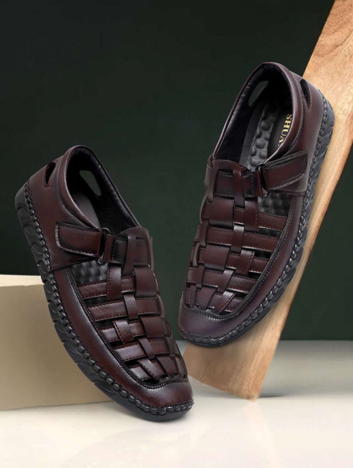 brown synthetic leather sandals for men